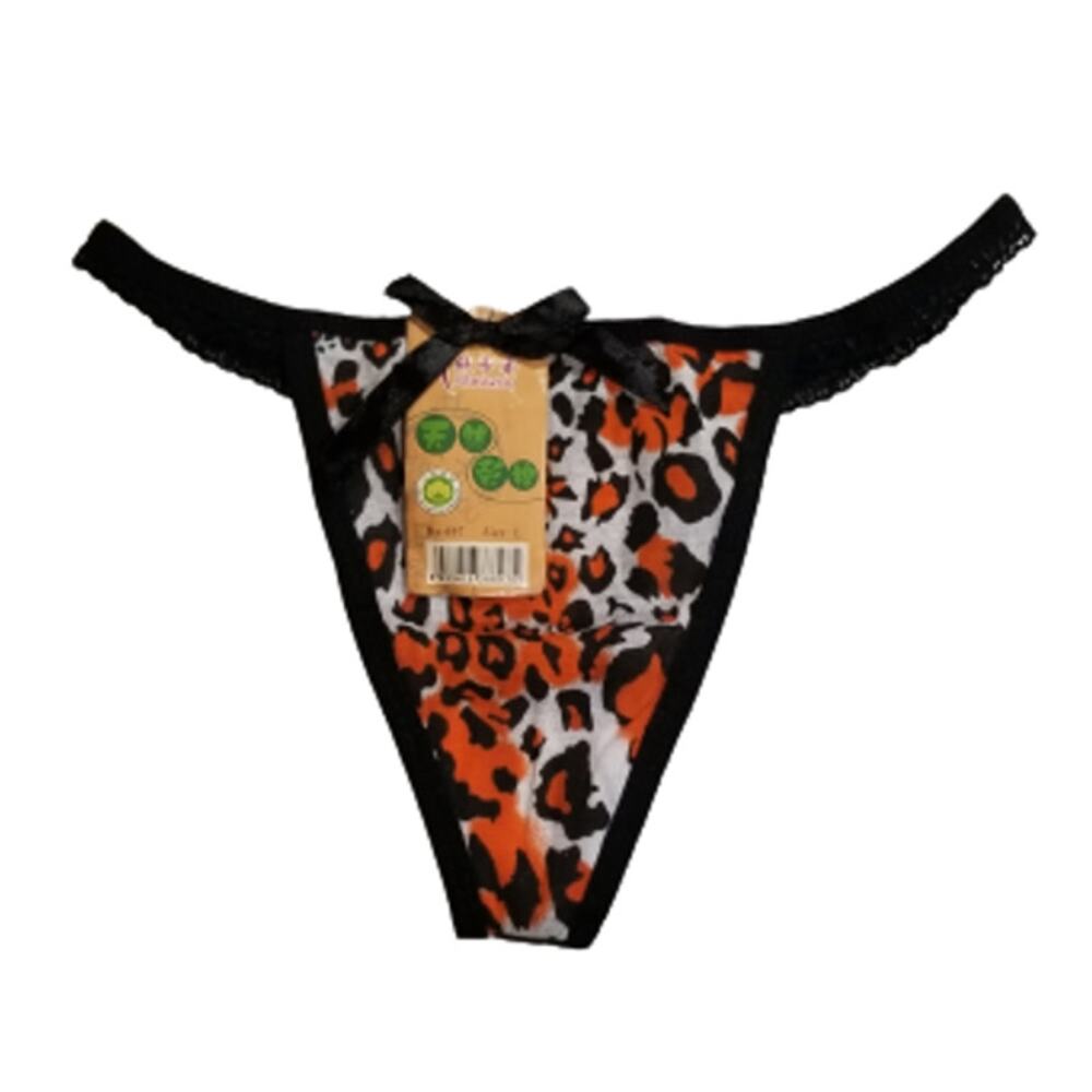 Xinkarou Women's Stretchy Orange Animal Print w/Bow Thong, Size:  Large, New
